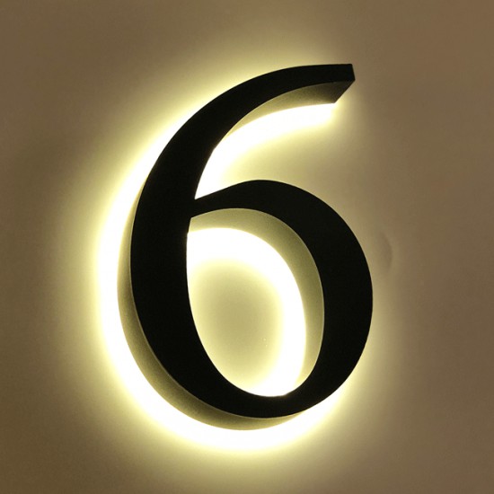 Huisnummer 6 Zwart RVS 20 cm LED verlicht