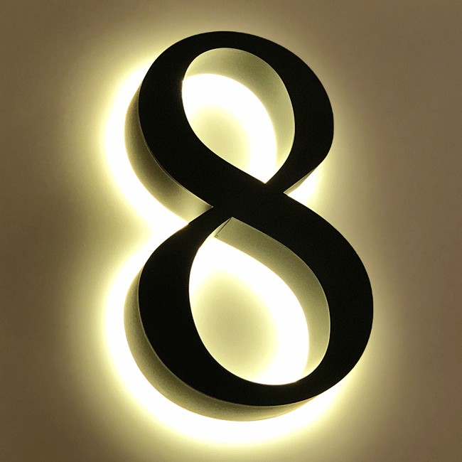 Huisnummer 8 Zwart RVS 20 cm LED verlicht